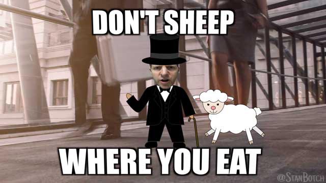 Stan Botch at the office with a sheep meme: Don't sheep where you eat