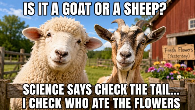 Goat and sheep meme: Is it a goat or a sheep? Science says check the tail. I check who ate the flowers.
