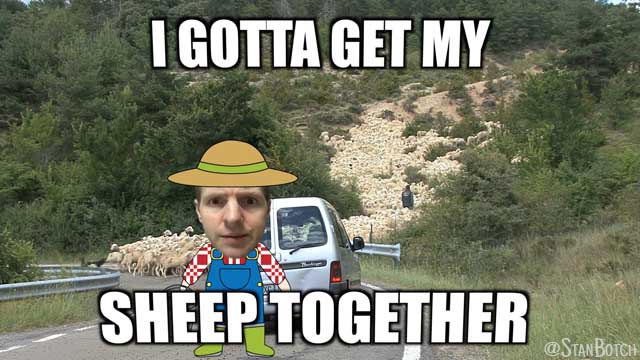 Stan Botch and a flock of sheep meme: I gotta get my sheep together.