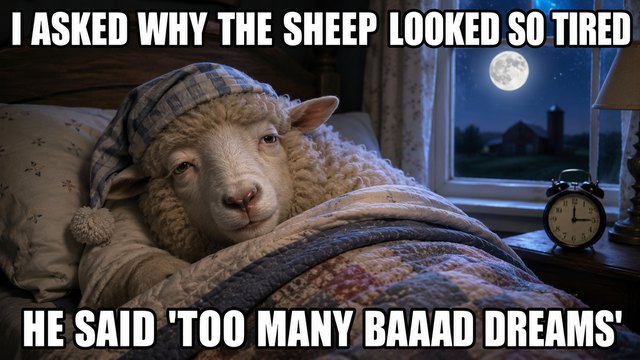 Sleepy sheep in bed meme: I asked why the sheep looked so tired. He said too many baaad dreams.