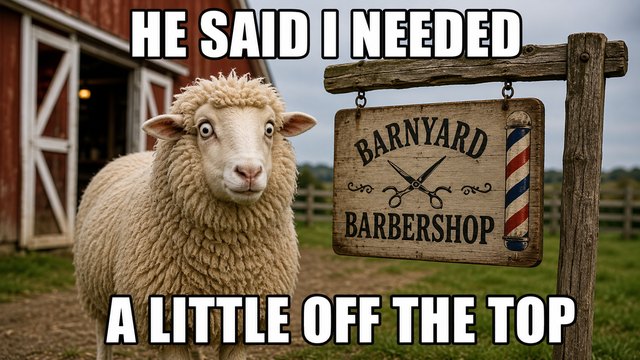 Sheep standing by a barnyard barbershop sign meme: He said I needed a little off the top.
