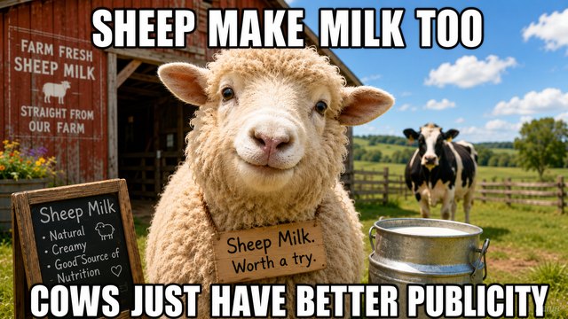 Sheep milk meme: Sheep make milk too. Cows just have better publicity.
